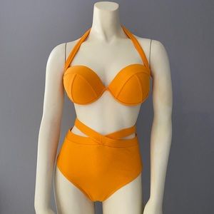 Orange two piece high waist bikini swimsuit